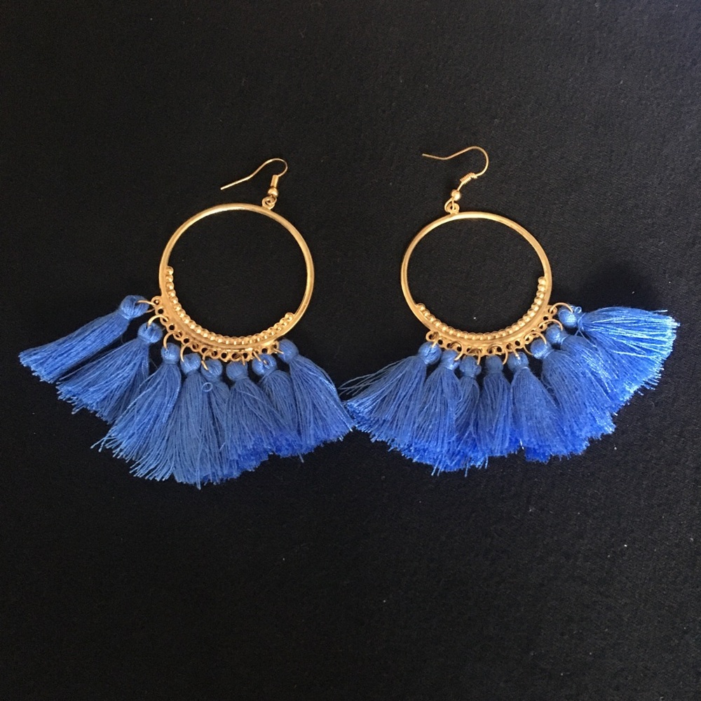 Blue and Gold Fan Shaped Tasseled Earrings